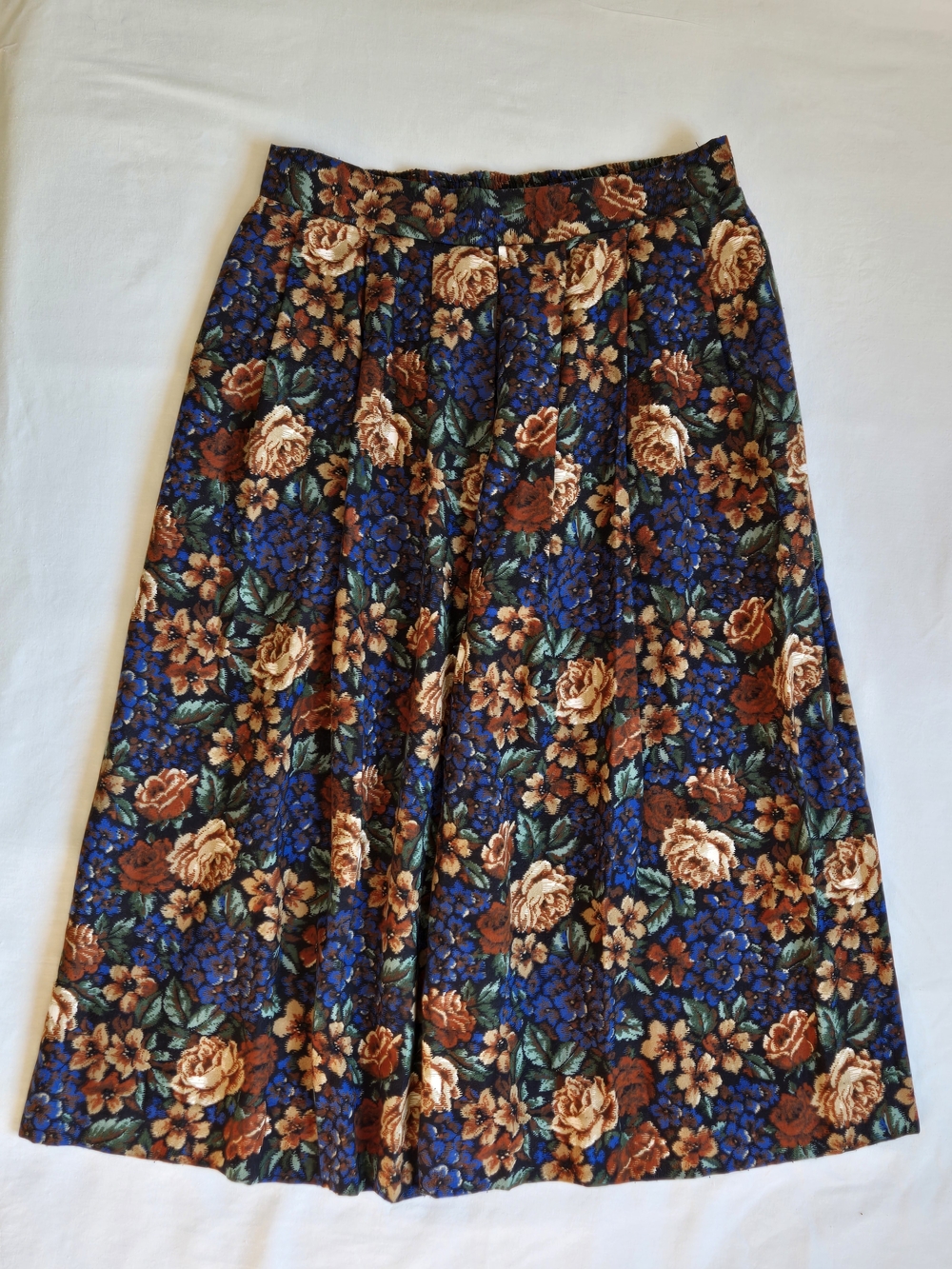 Vintage Women's Floral Pleated Skirt - Blue & Rust 1970s Mod - Picture 2 of 7